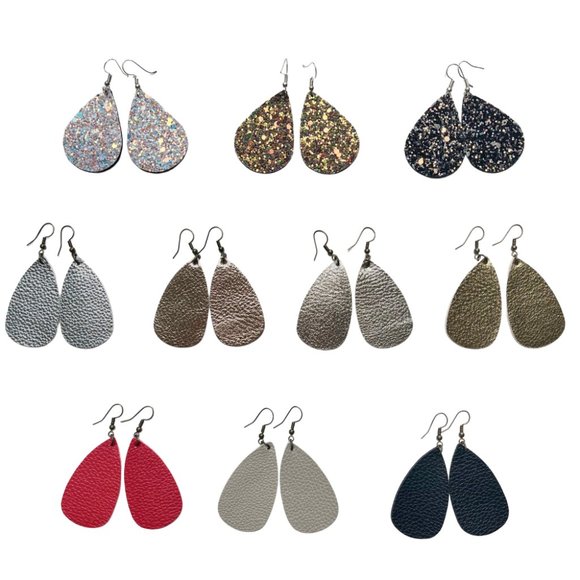 NEW Leather Teardrop Earrings Black Red Glitter Sparkly Green Brown - Picture 6 of 6